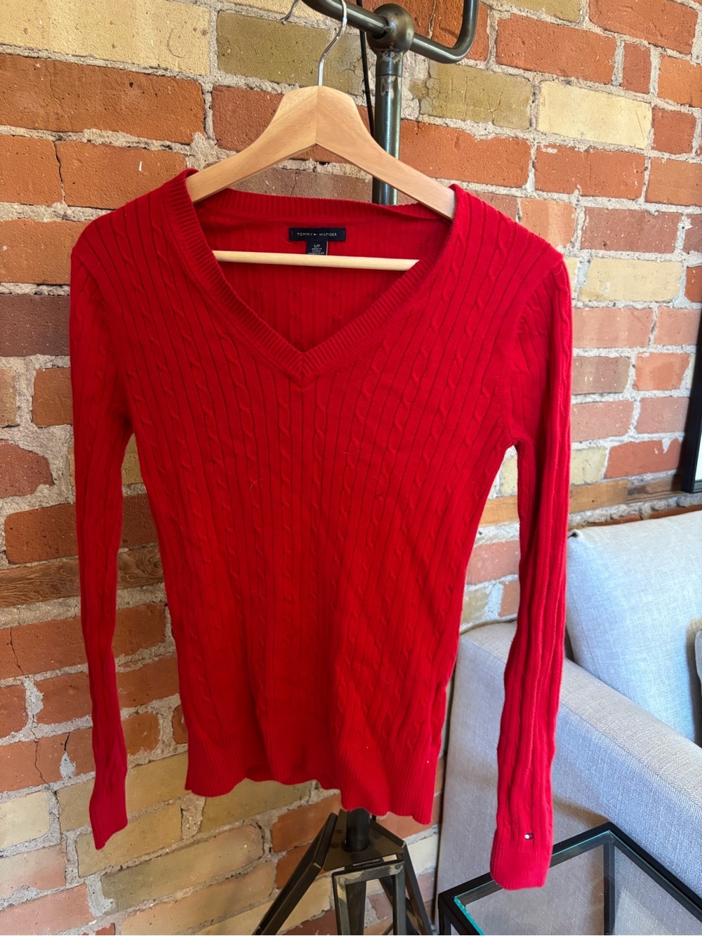 Tommy Hilfiger Women's Bright Red V-Neck Cable Knit Sweater